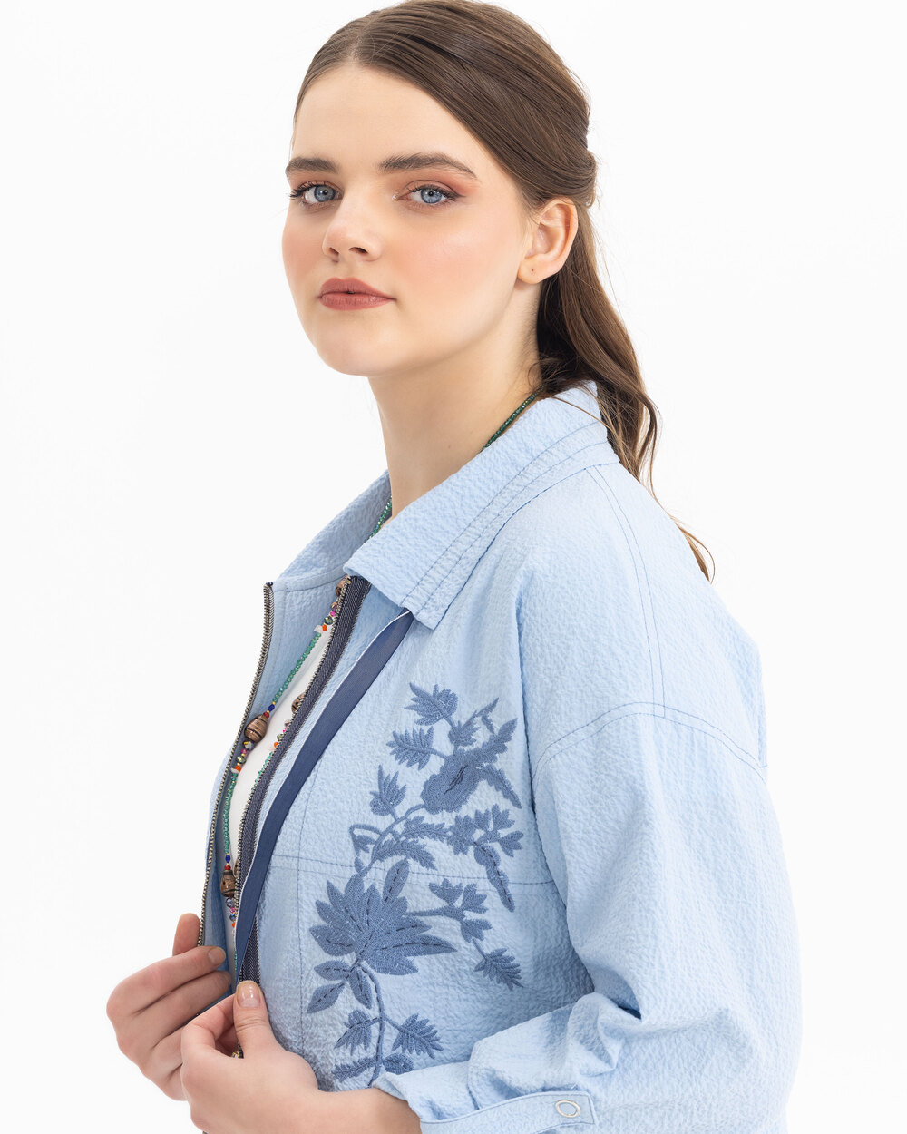 Plus Size Embroidered Zipper Jacket