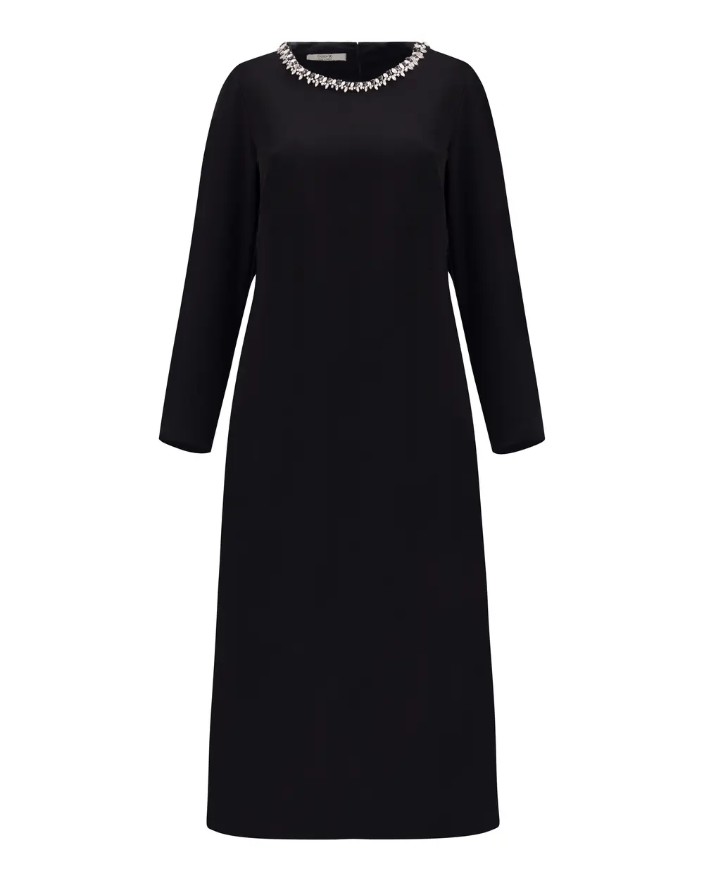 Büyük Beden Yakası Boncuk İşlemeli Uzun Kol Elbise