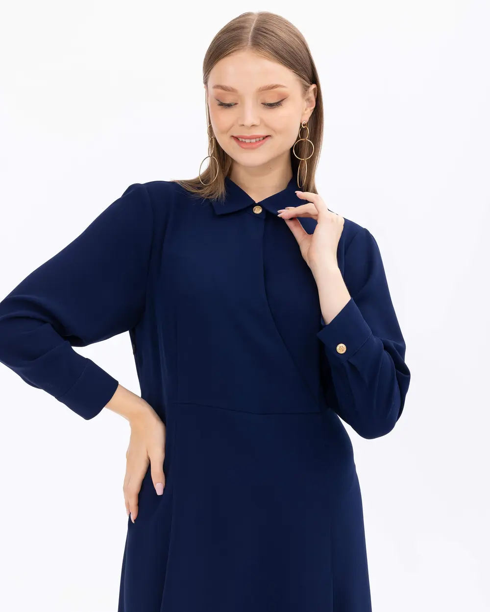 Büyük Beden Düğme Detaylı Gömlek Yakalı Elbise