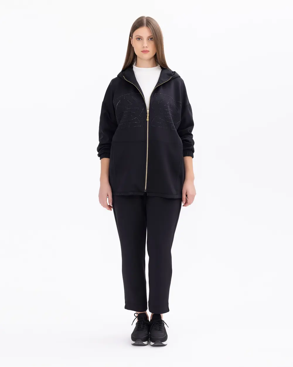 Büyük Beden İşlemeli Fermuarlı Kapüşonlu Ceket