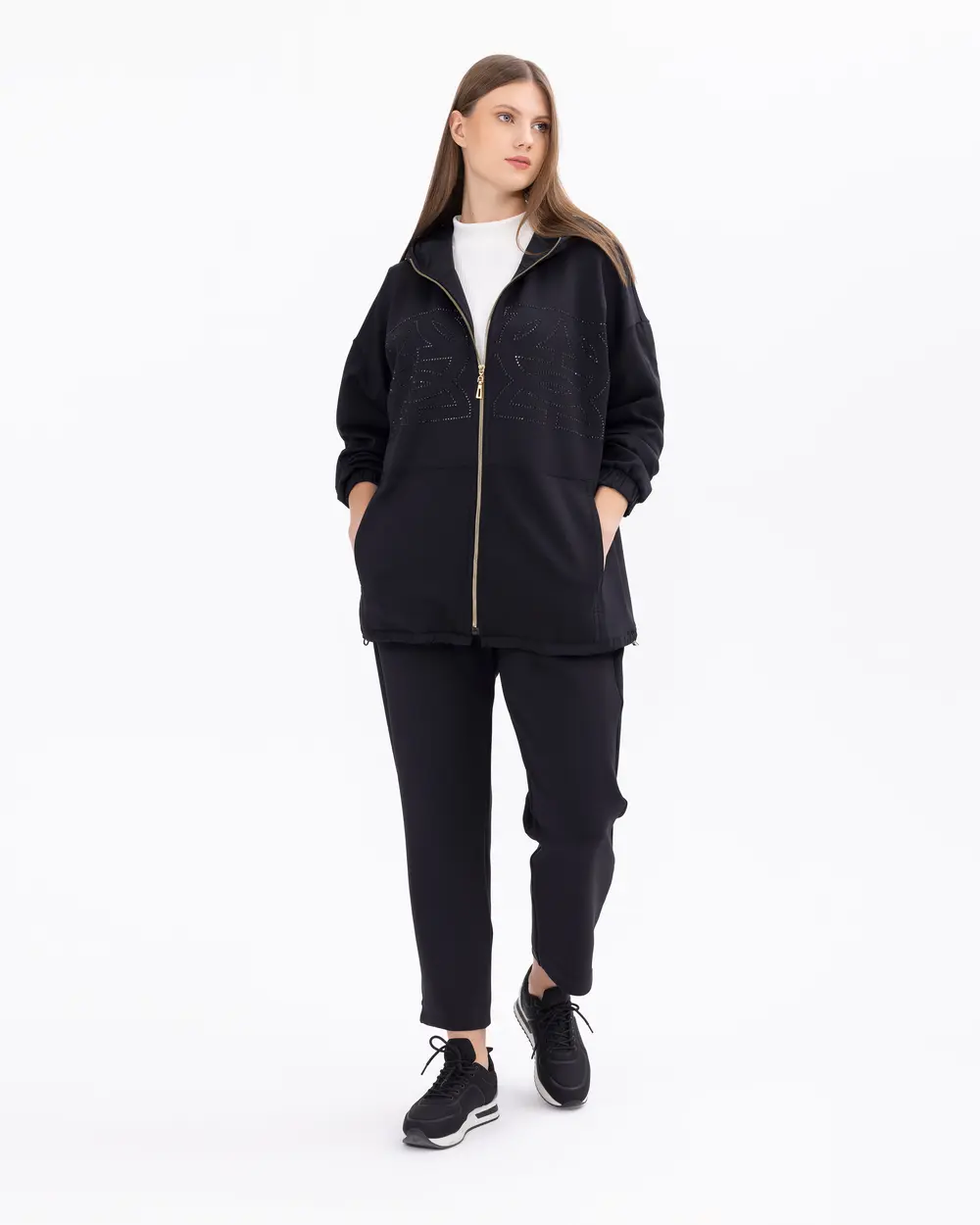 Büyük Beden İşlemeli Fermuarlı Kapüşonlu Ceket