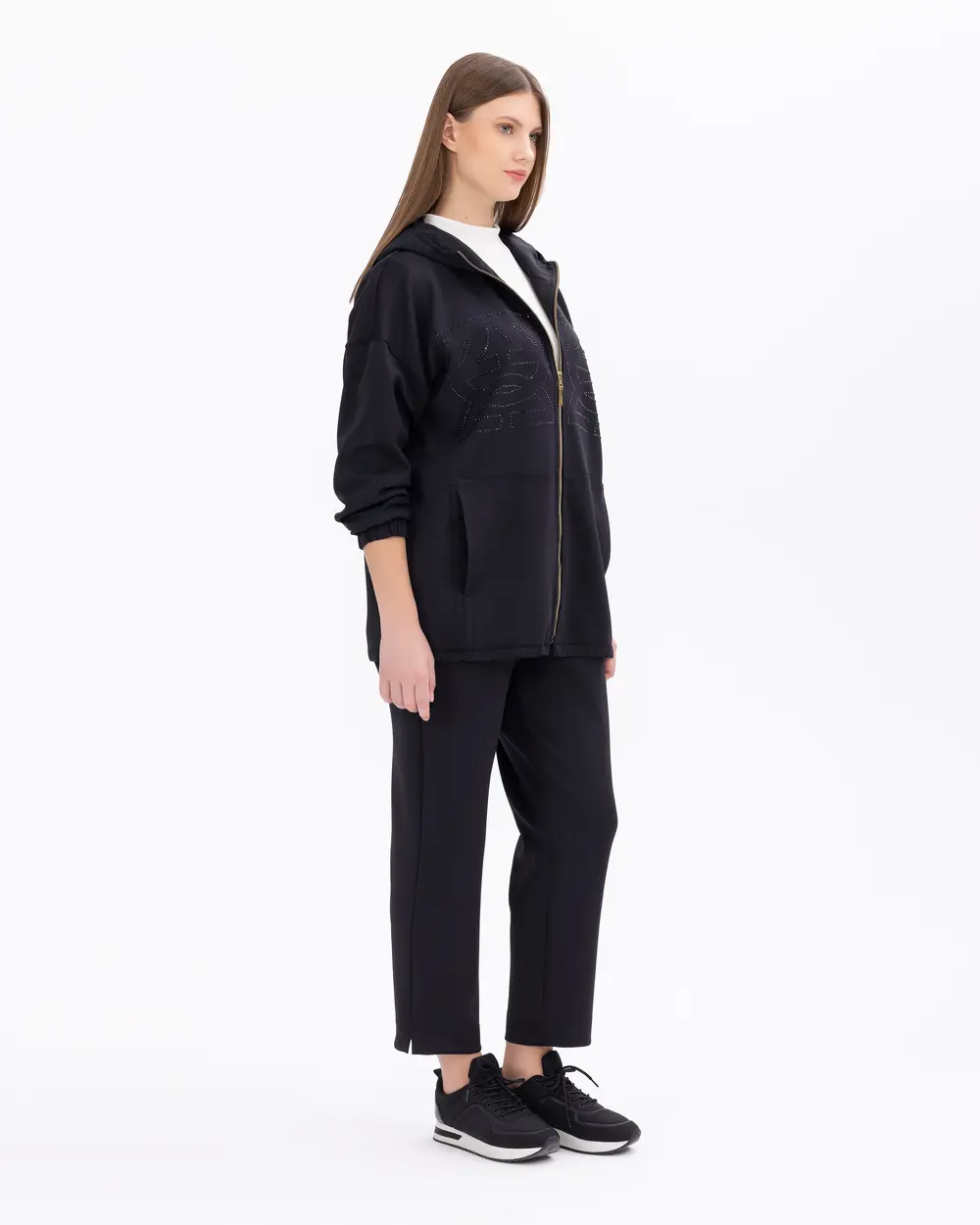 Büyük Beden İşlemeli Fermuarlı Kapüşonlu Ceket