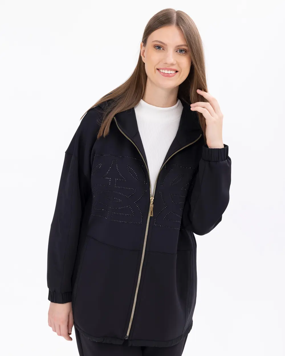 Büyük Beden İşlemeli Fermuarlı Kapüşonlu Ceket