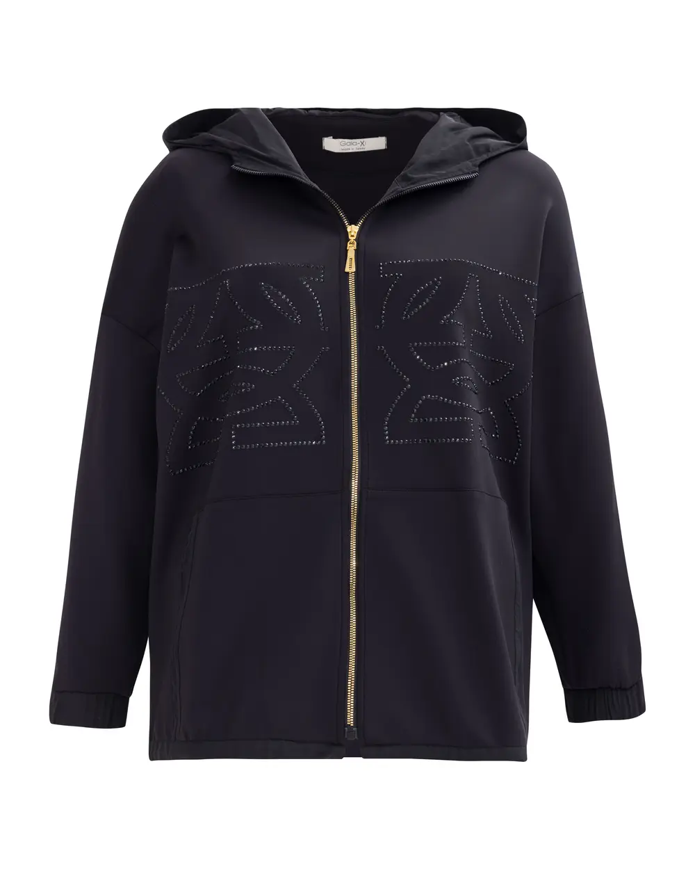 Büyük Beden İşlemeli Fermuarlı Kapüşonlu Ceket