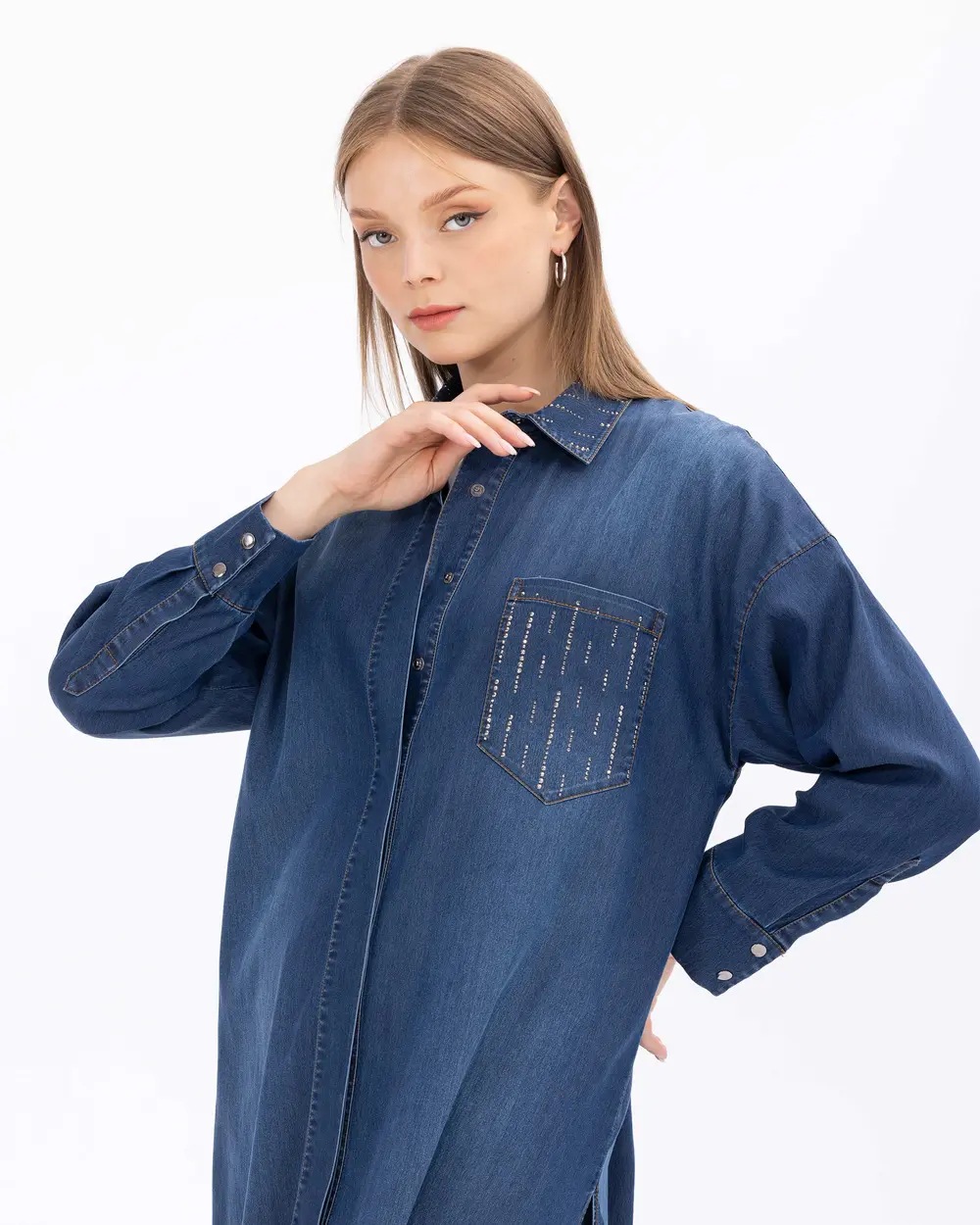 Büyük Beden Taş Detaylı Cepli Jean Tunik