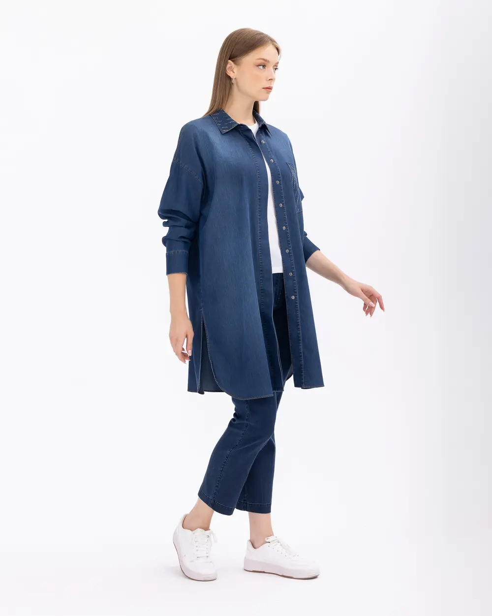 Büyük Beden Taş Detaylı Cepli Jean Tunik