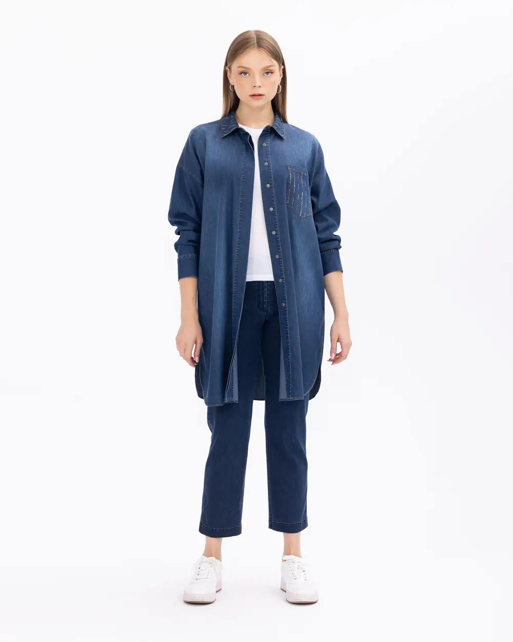 Büyük Beden Taş Detaylı Cepli Jean Tunik