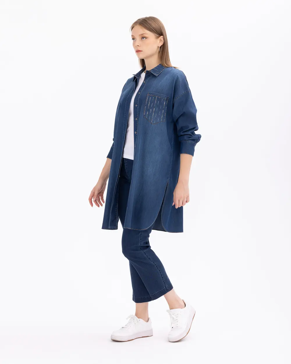 Büyük Beden Taş Detaylı Cepli Jean Tunik