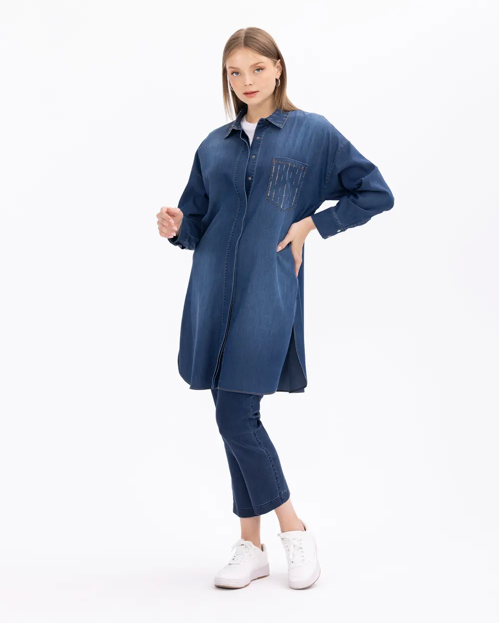 Büyük Beden Taş Detaylı Cepli Jean Tunik