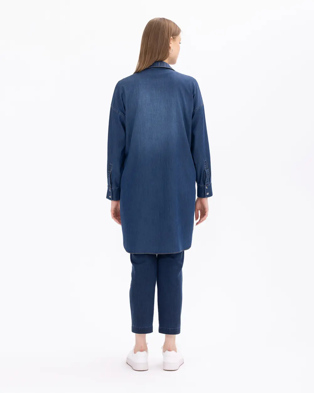 Büyük Beden Taş Detaylı Cepli Jean Tunik