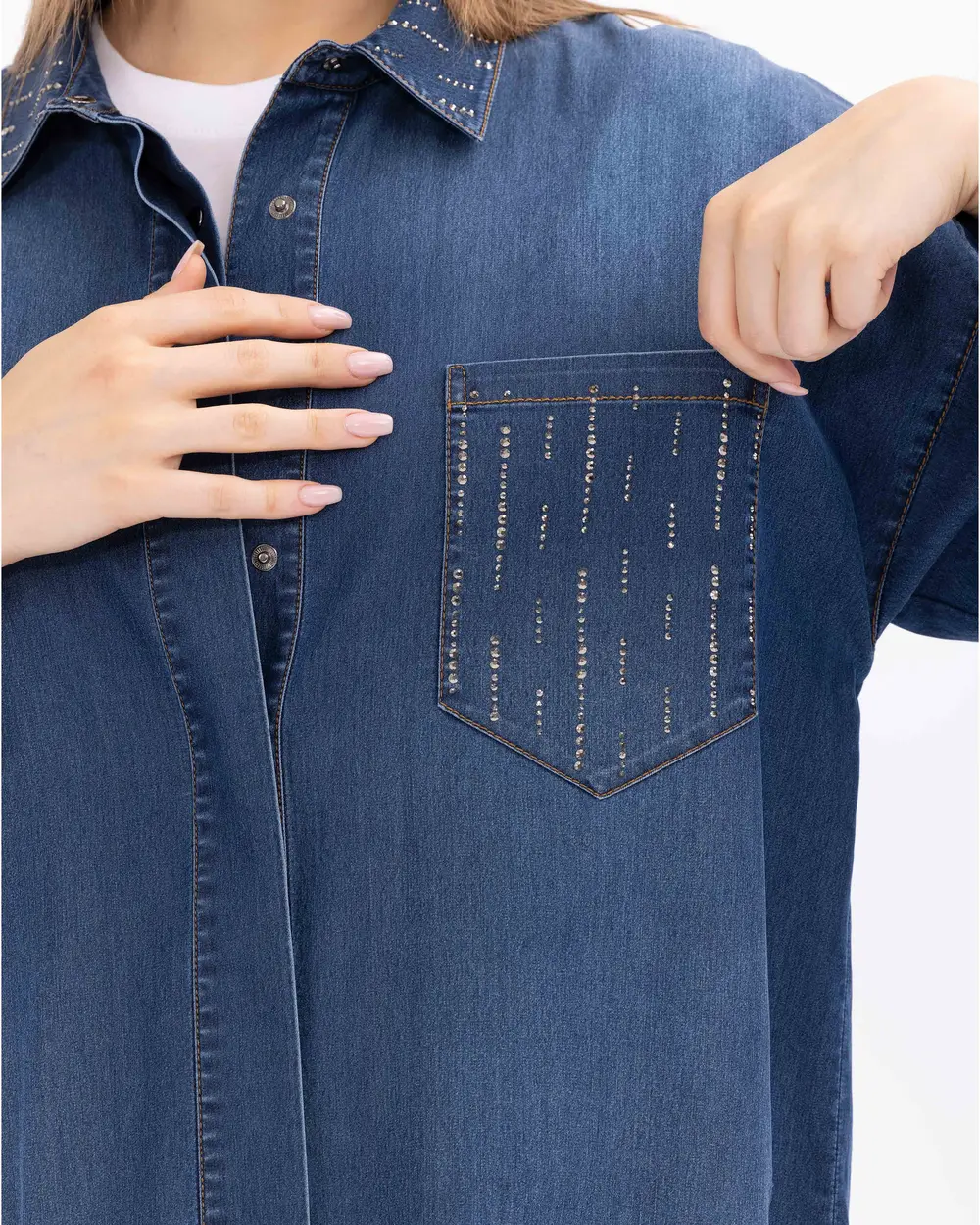 Büyük Beden Taş Detaylı Cepli Jean Tunik