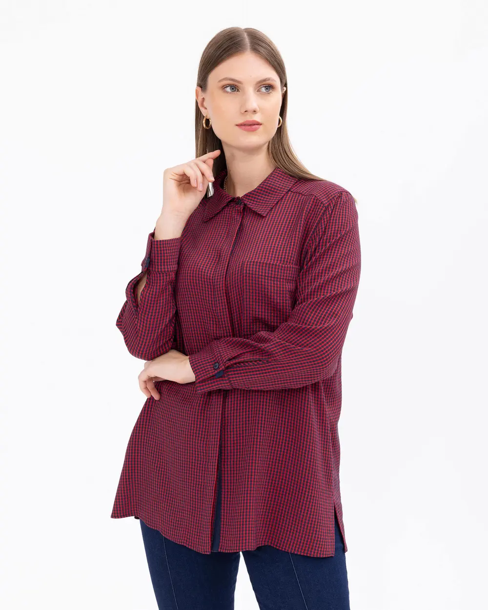 Plus Size Gingham Patterned Shirt with Pockets