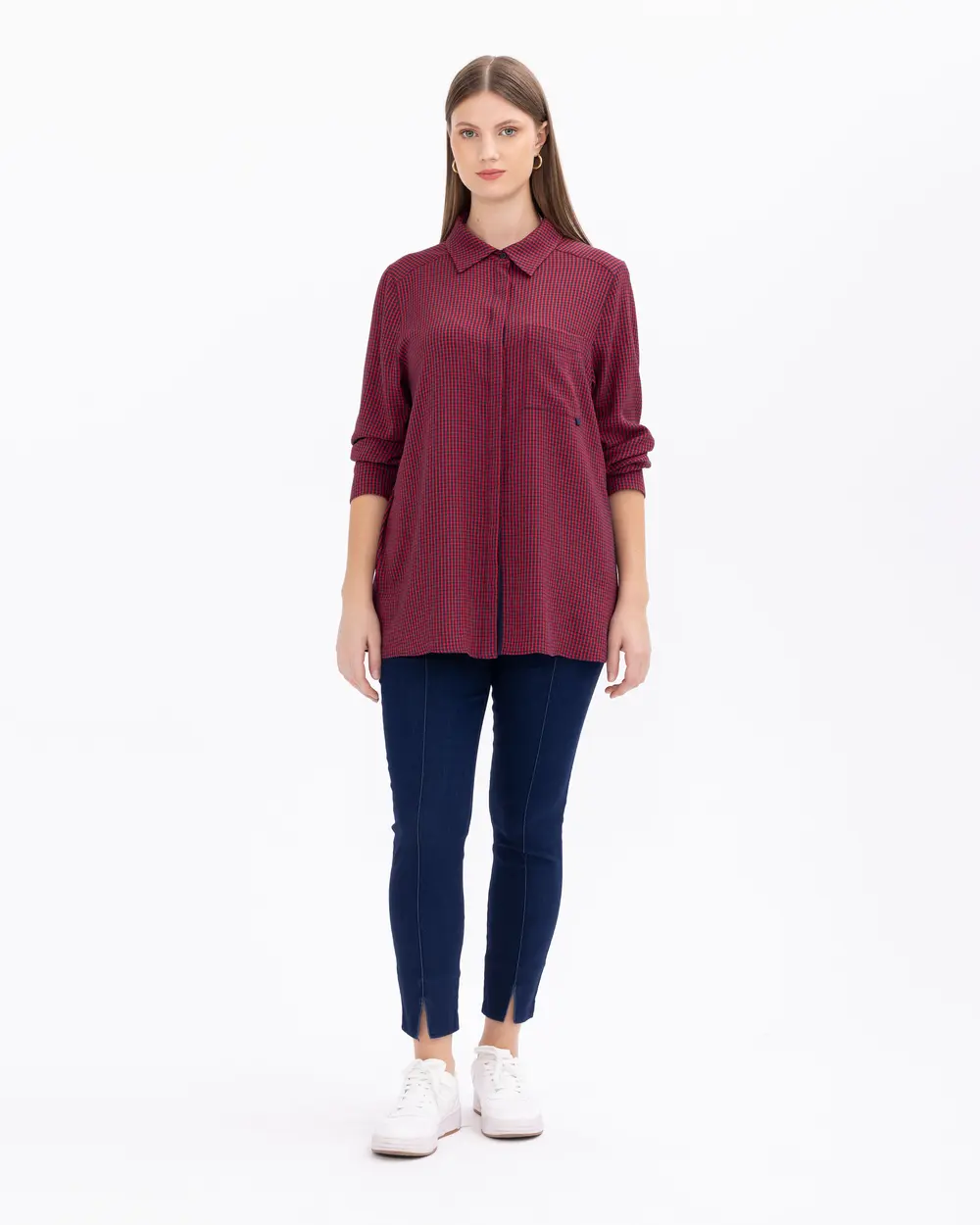 Plus Size Gingham Patterned Shirt with Pockets