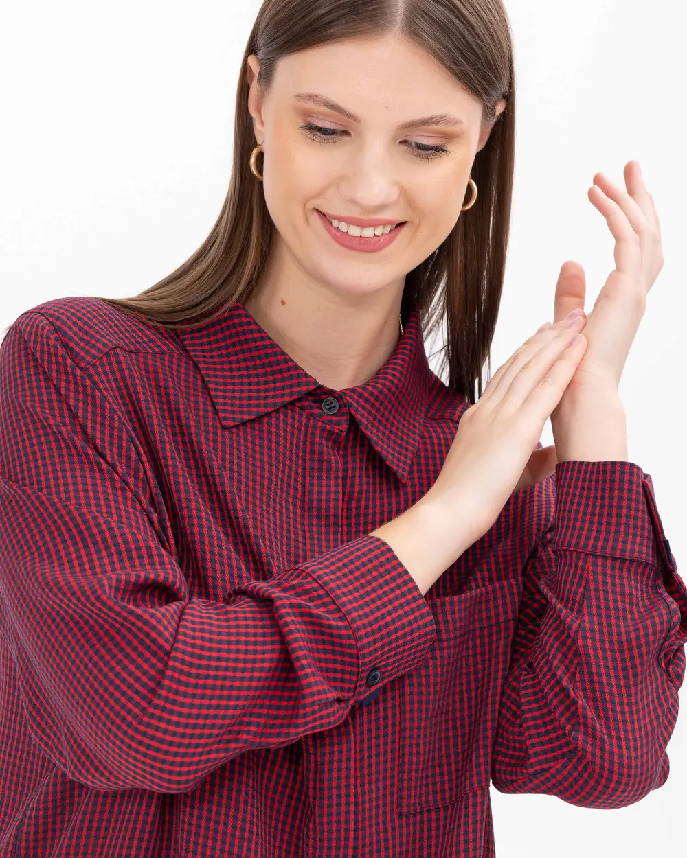 Plus Size Gingham Patterned Shirt with Pockets