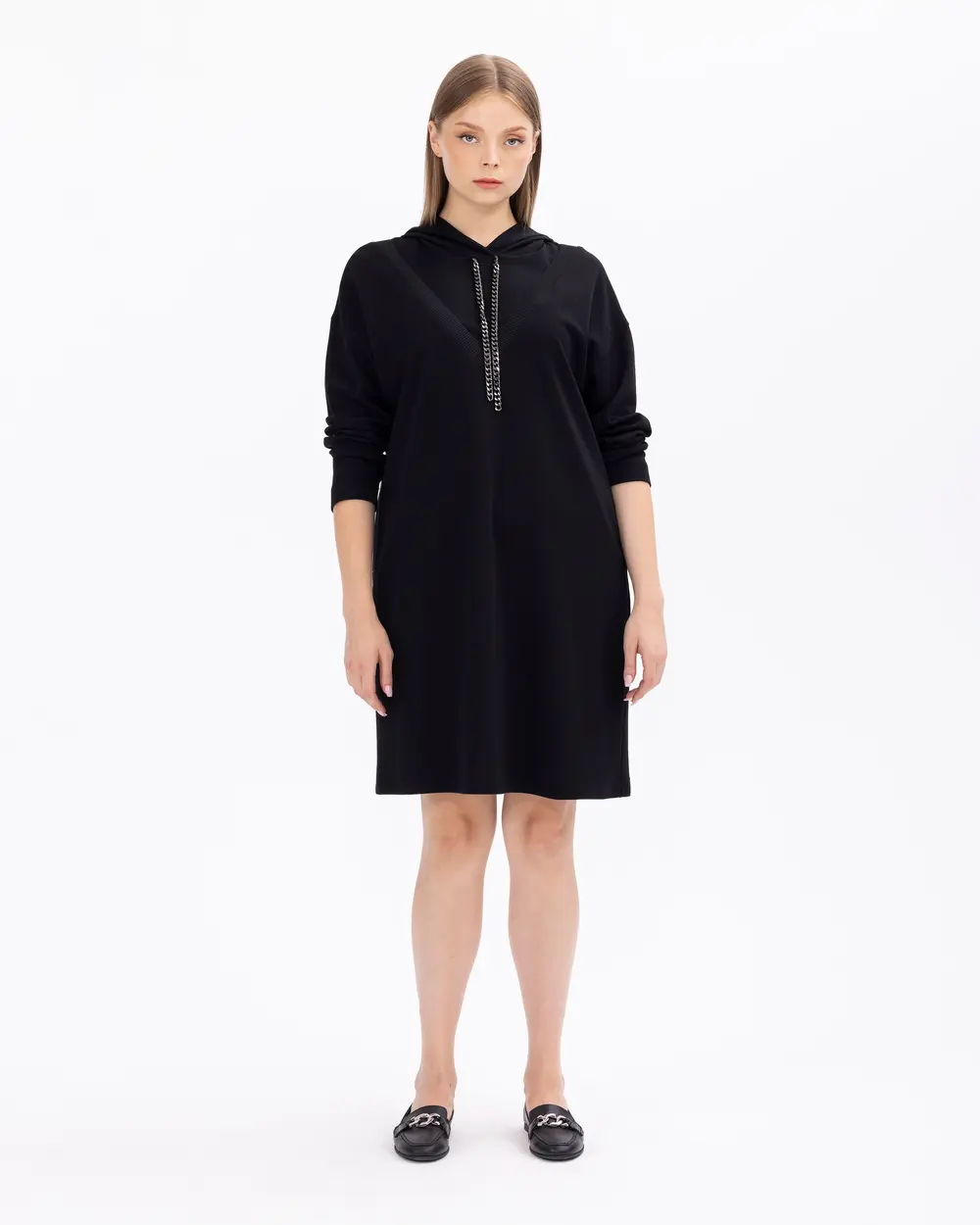 Büyük Beden Zincir Detaylı Kapüşonlu Elbise