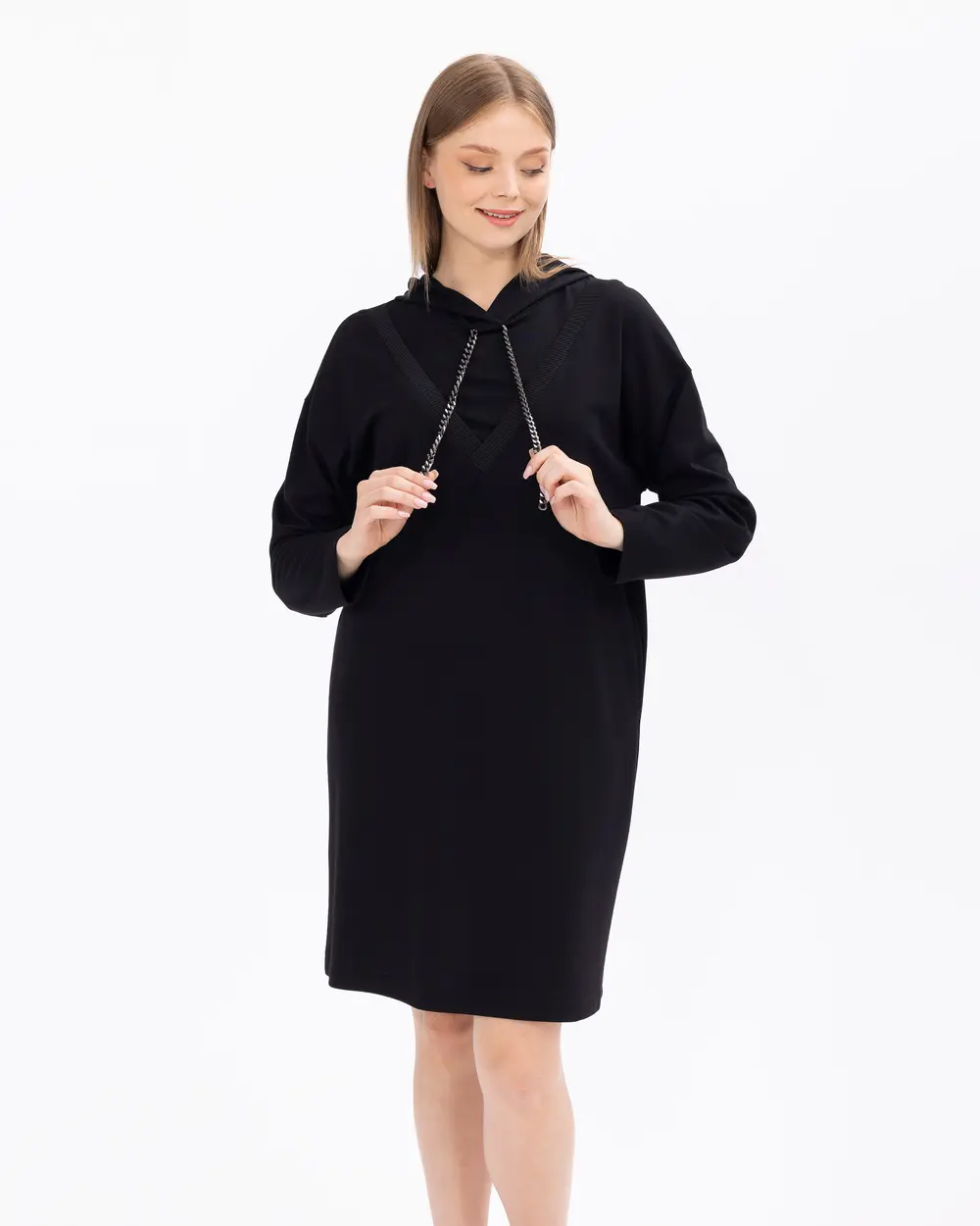 Büyük Beden Zincir Detaylı Kapüşonlu Elbise