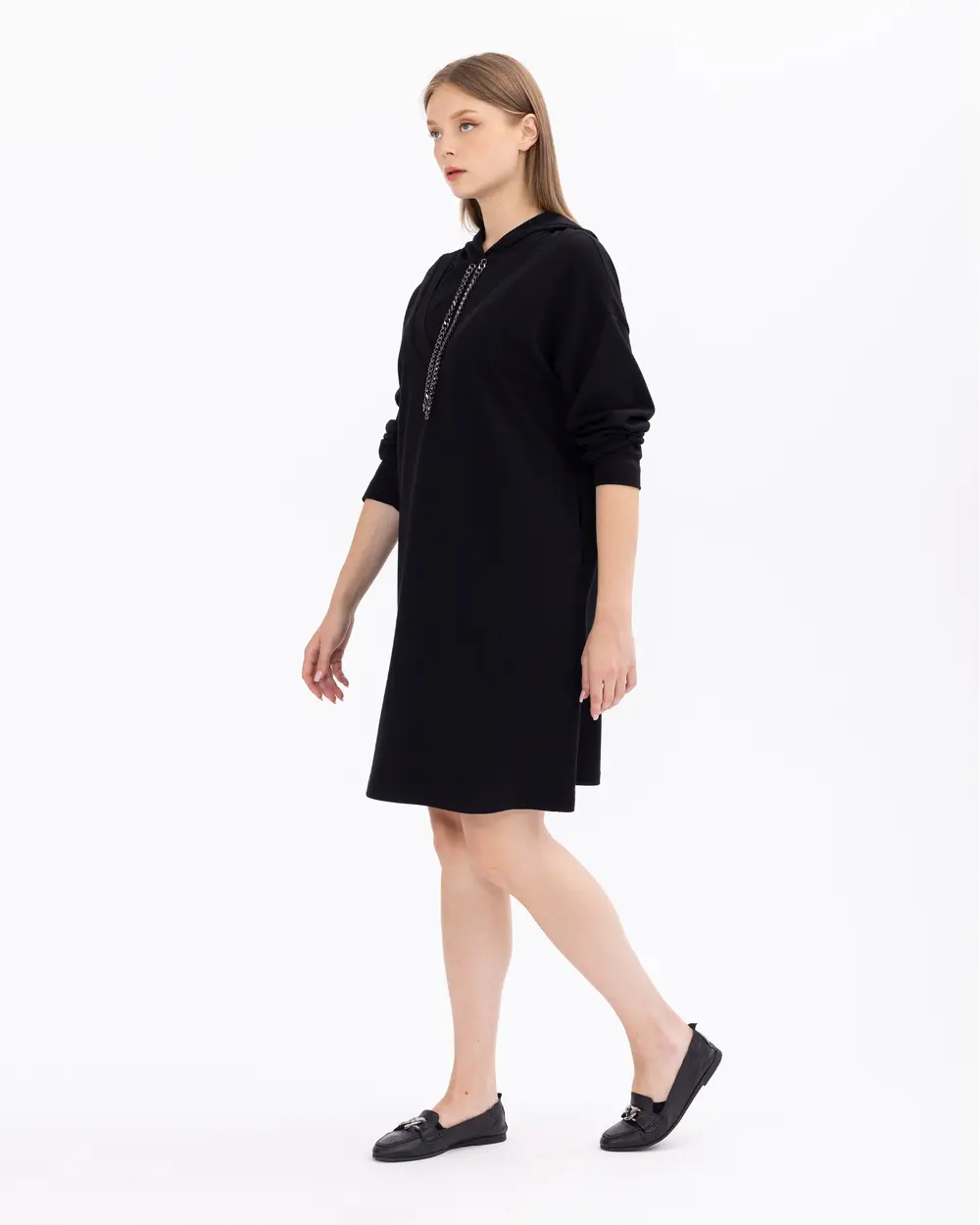 Büyük Beden Zincir Detaylı Kapüşonlu Elbise