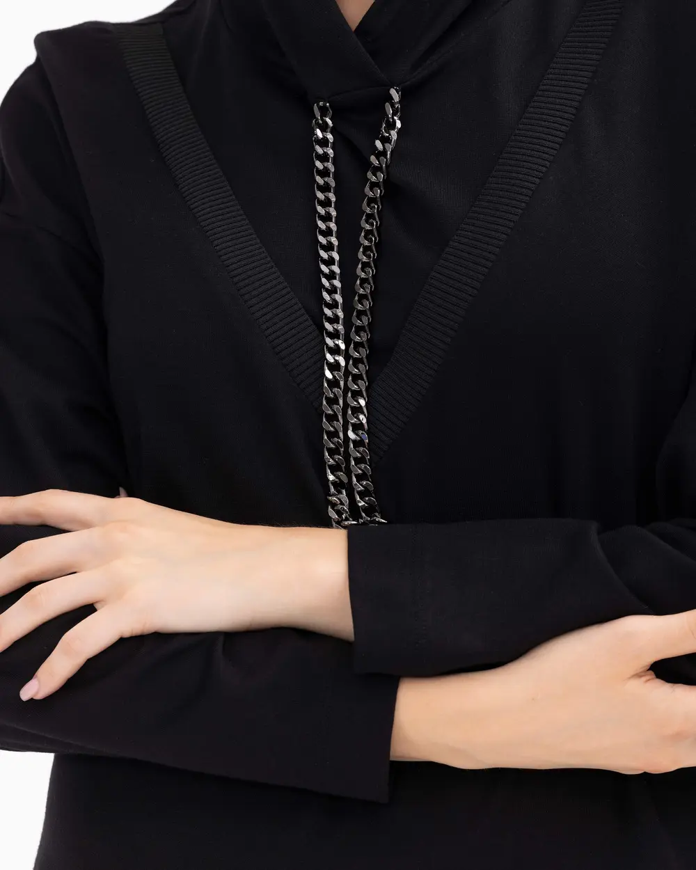 Büyük Beden Zincir Detaylı Kapüşonlu Elbise