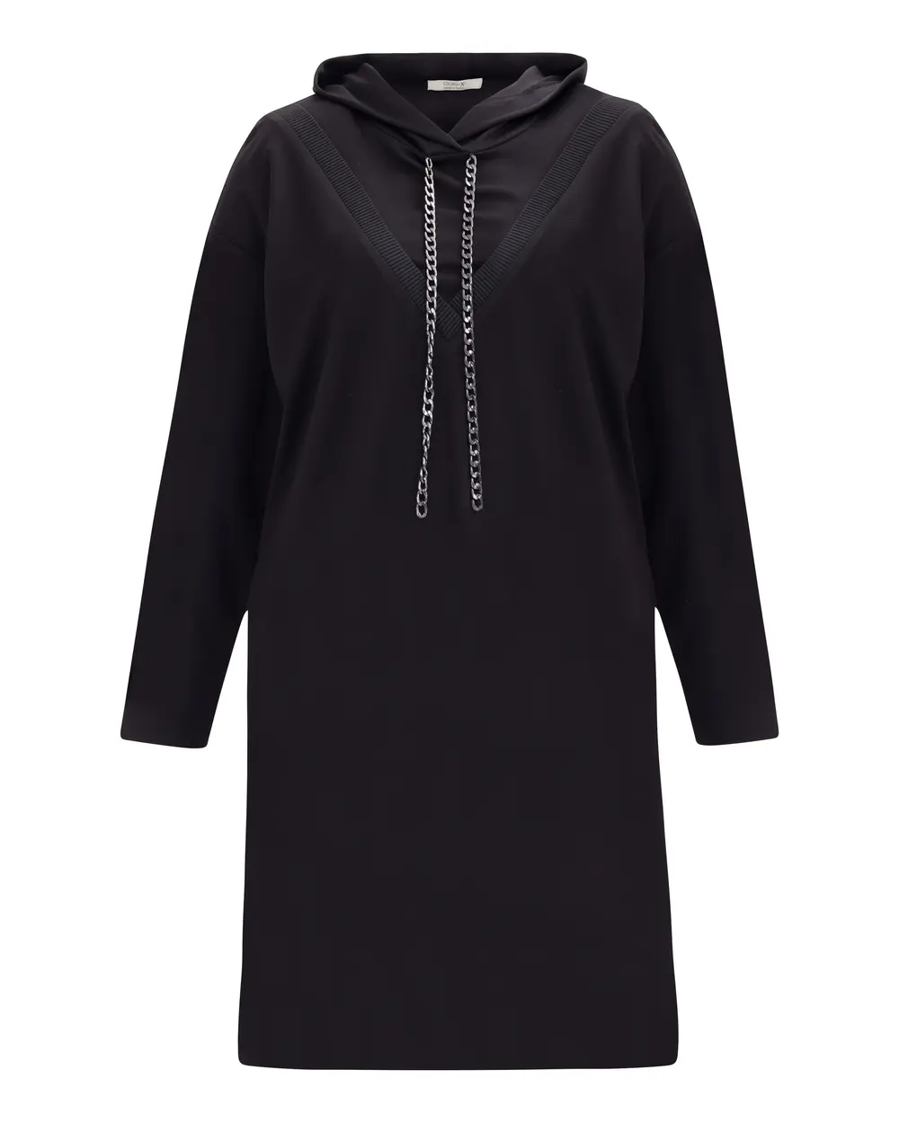 Büyük Beden Zincir Detaylı Kapüşonlu Elbise