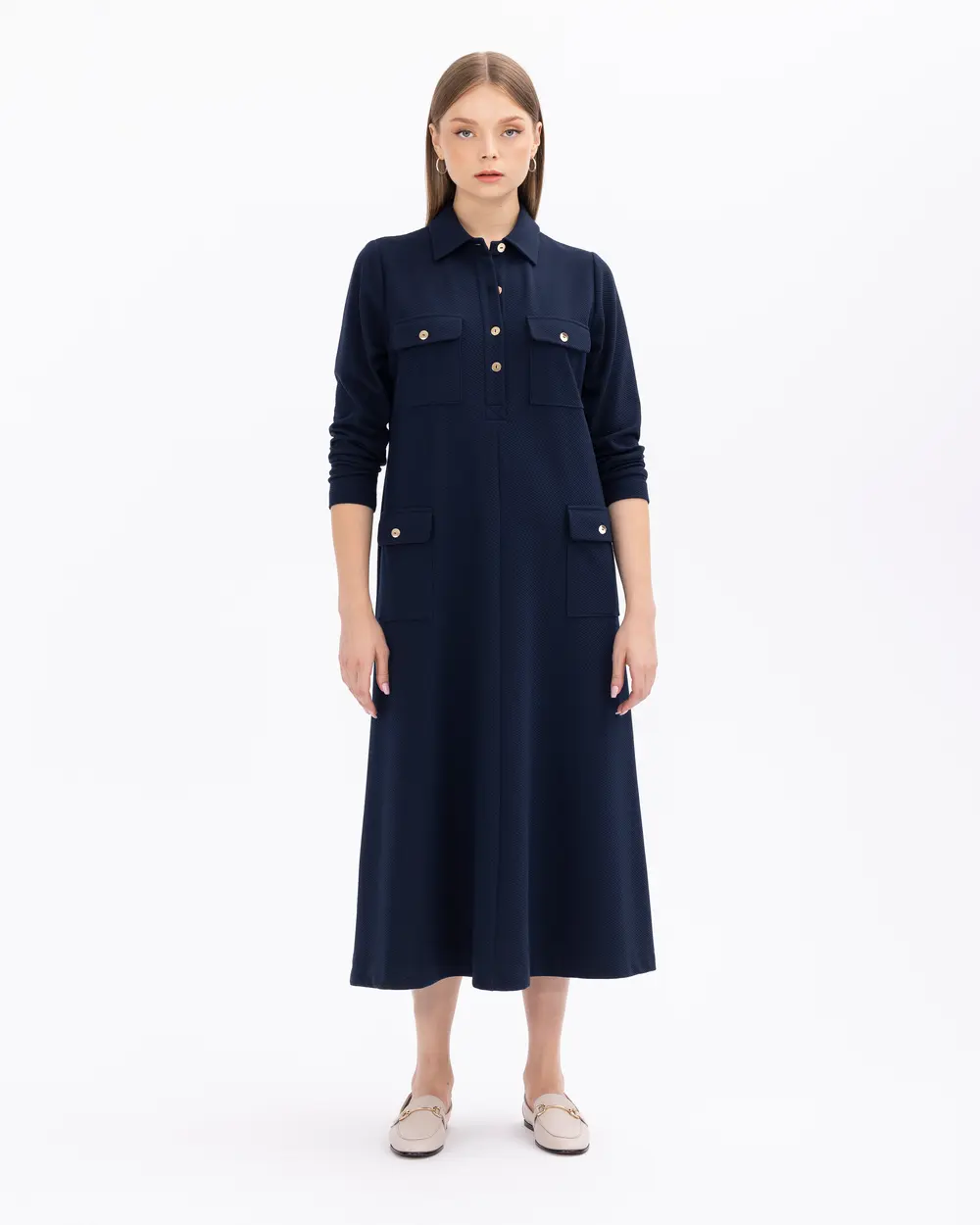 Büyük Beden Cepli Düğmeli Gömlek Yakalı Elbise