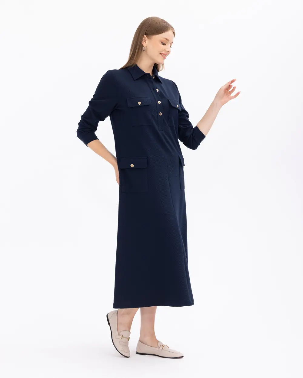 Büyük Beden Cepli Düğmeli Gömlek Yakalı Elbise