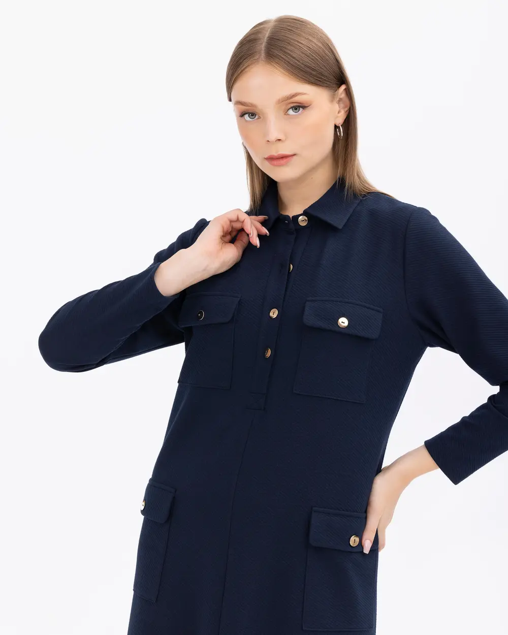 Büyük Beden Cepli Düğmeli Gömlek Yakalı Elbise