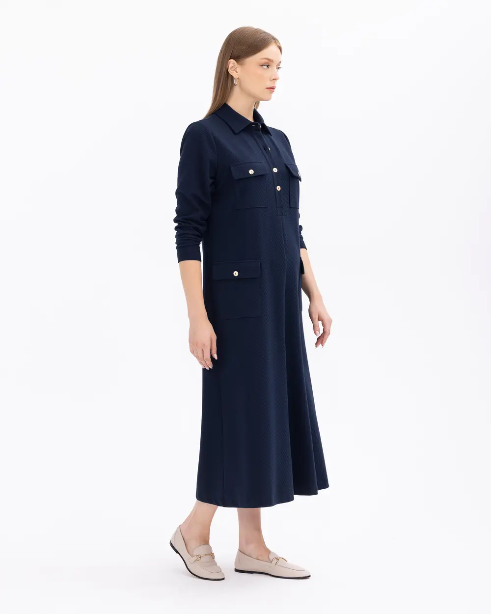 Büyük Beden Cepli Düğmeli Gömlek Yakalı Elbise