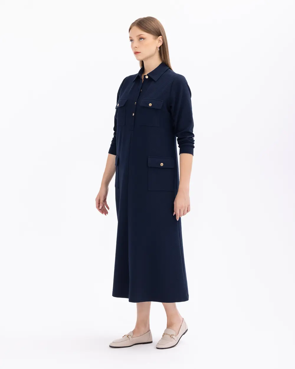 Büyük Beden Cepli Düğmeli Gömlek Yakalı Elbise