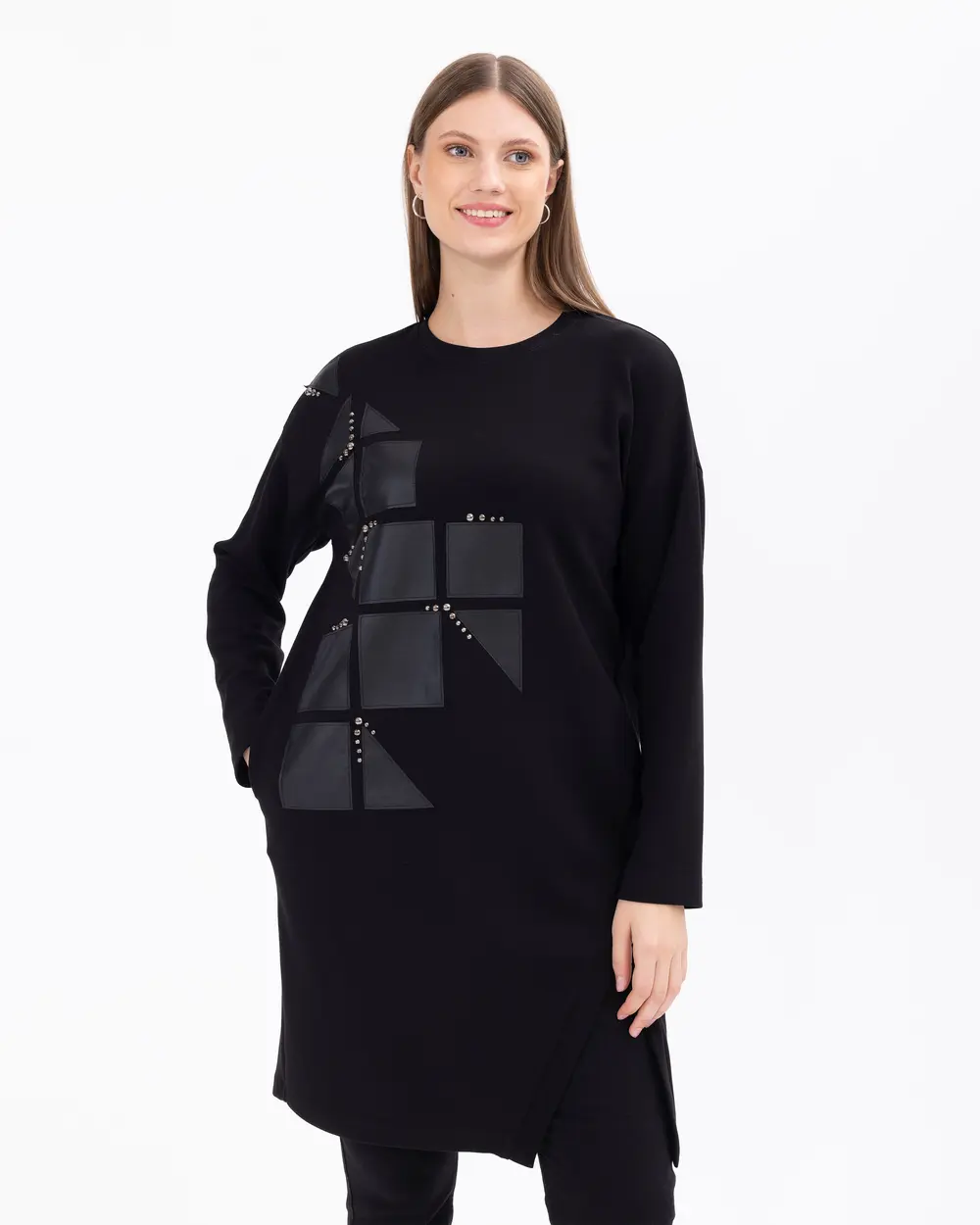 Büyük Beden Suni Deri Detaylı Örme Kumaş Tunik