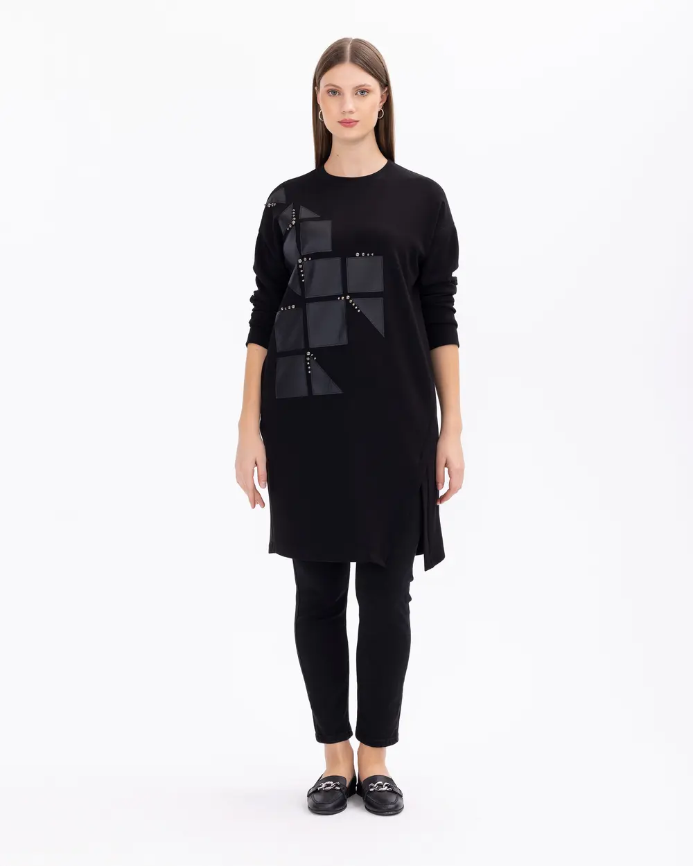 Büyük Beden Suni Deri Detaylı Örme Kumaş Tunik