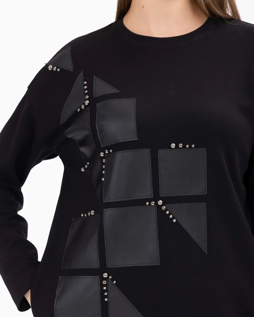 Büyük Beden Suni Deri Detaylı Örme Kumaş Tunik