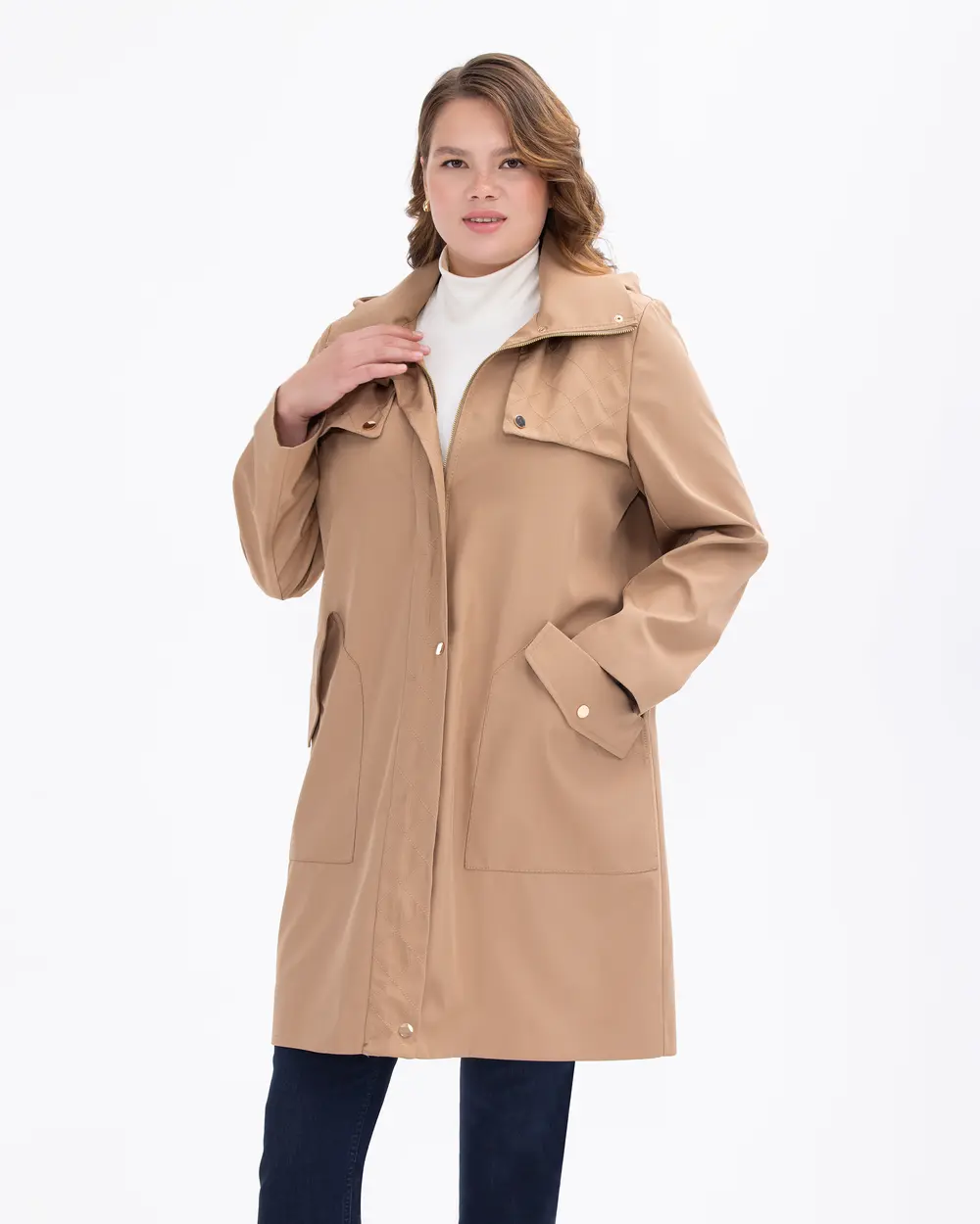 Plus Size Zippered Trench Coat with Pocket Detail