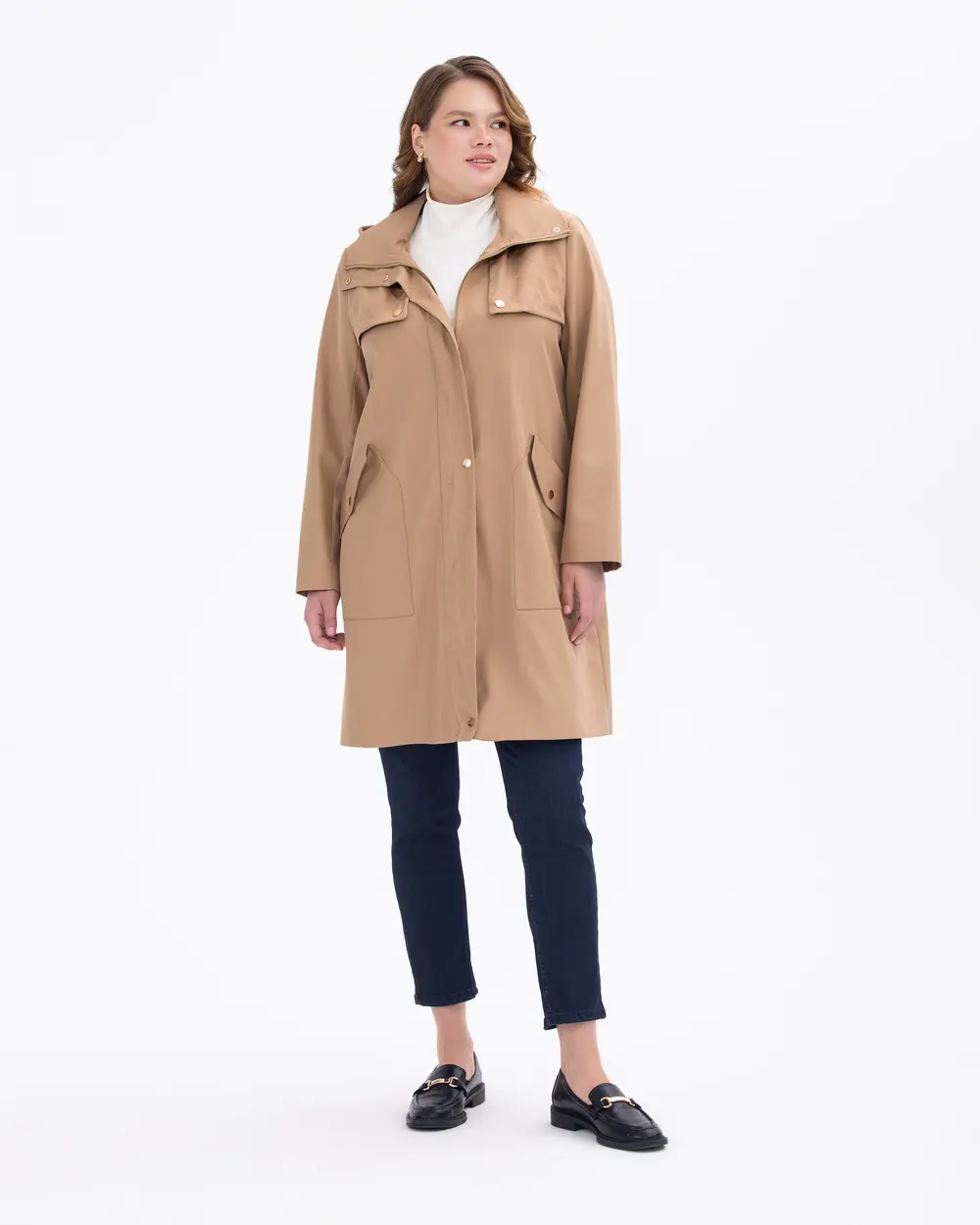 Plus Size Zippered Trench Coat with Pocket Detail