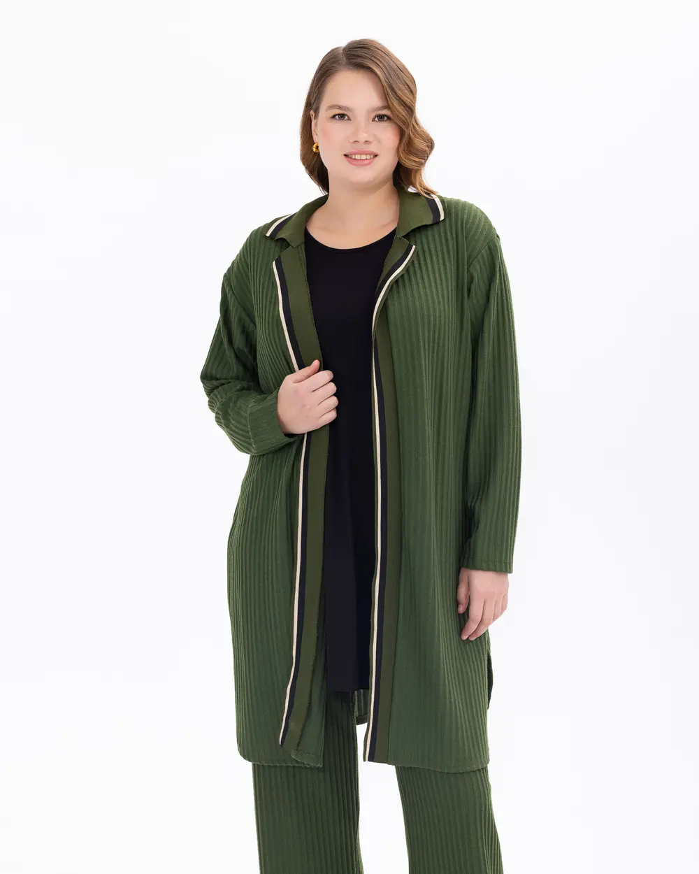 Plus-Size Ribbed Jacket with Inner Blouse