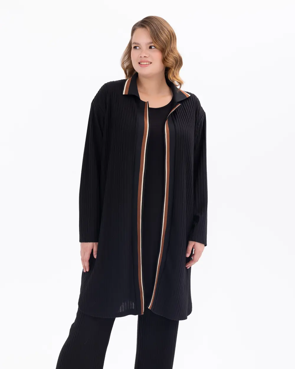 Plus-Size Ribbed Jacket with Inner Blouse