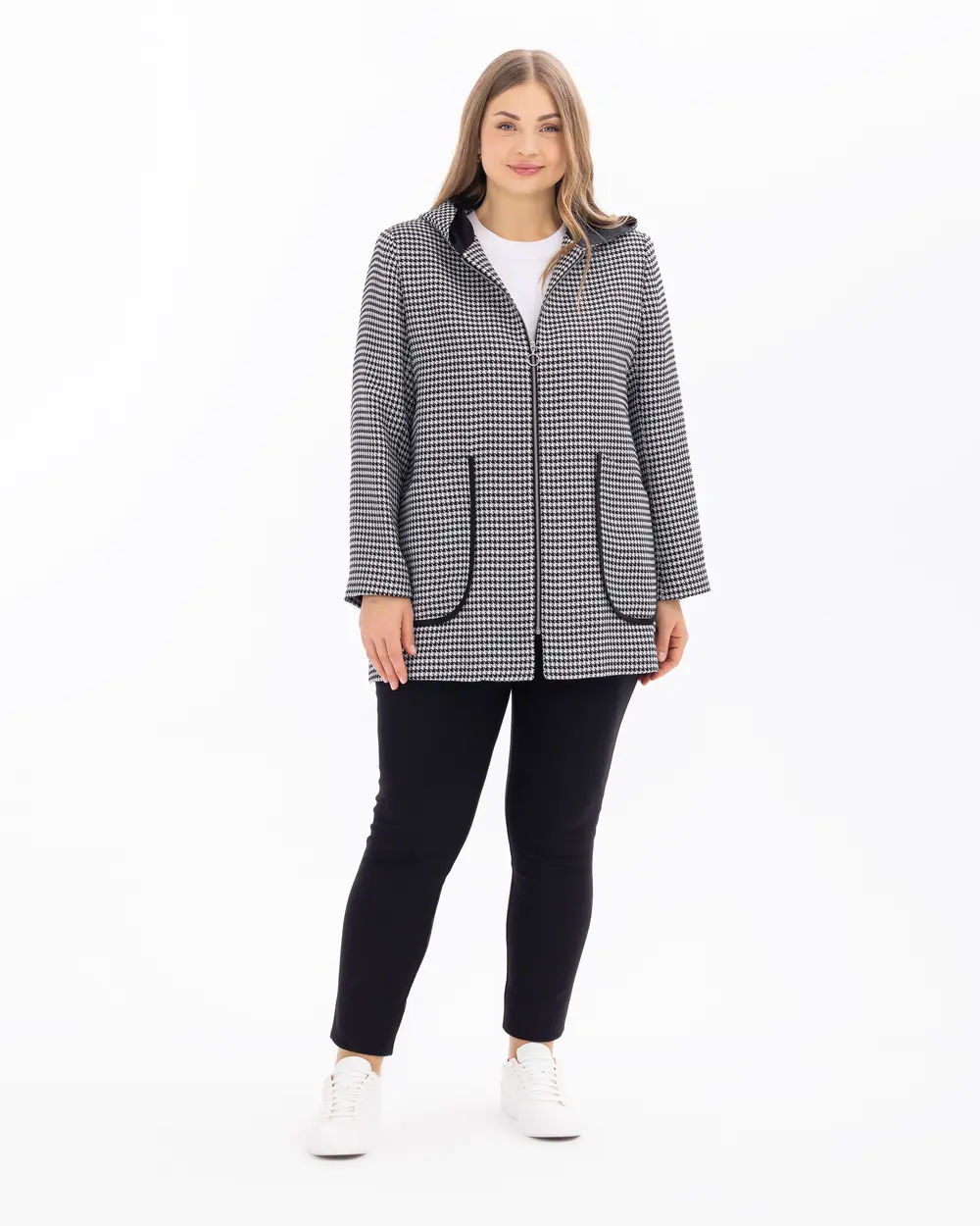 Plus Size Houndstooth Patterned Hooded Jacket