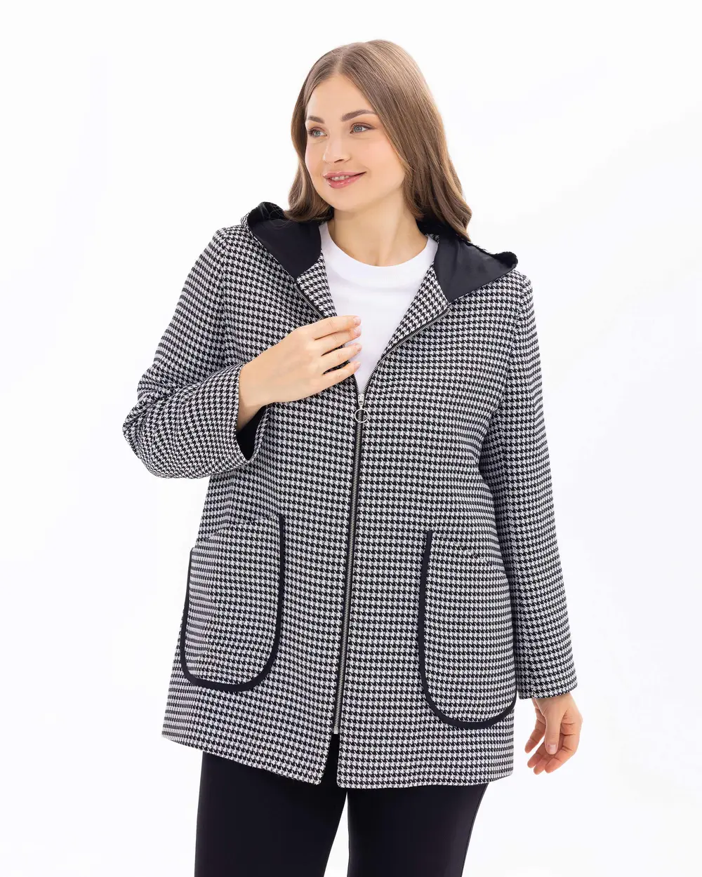 Plus Size Houndstooth Patterned Hooded Jacket