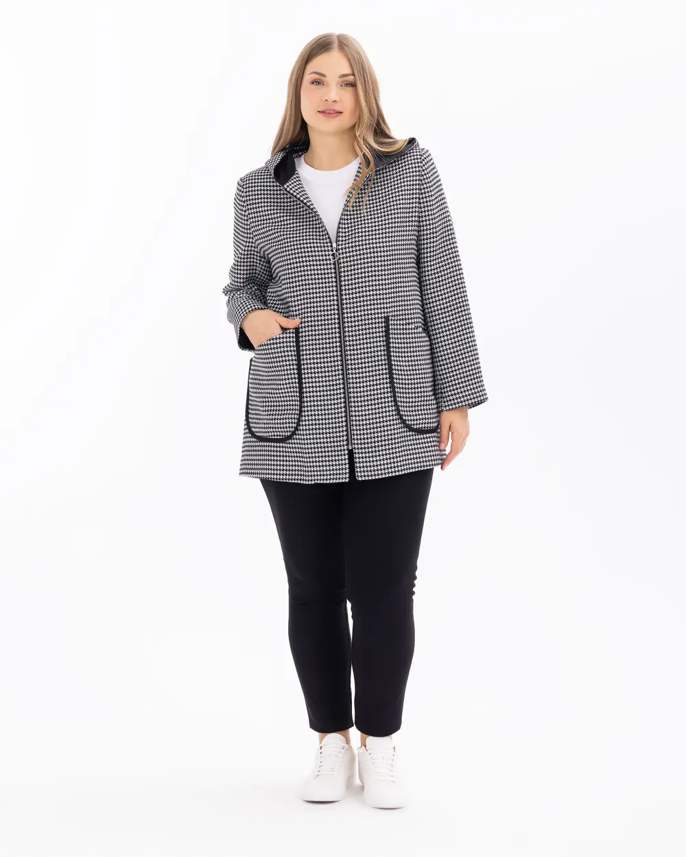 Plus Size Houndstooth Patterned Hooded Jacket