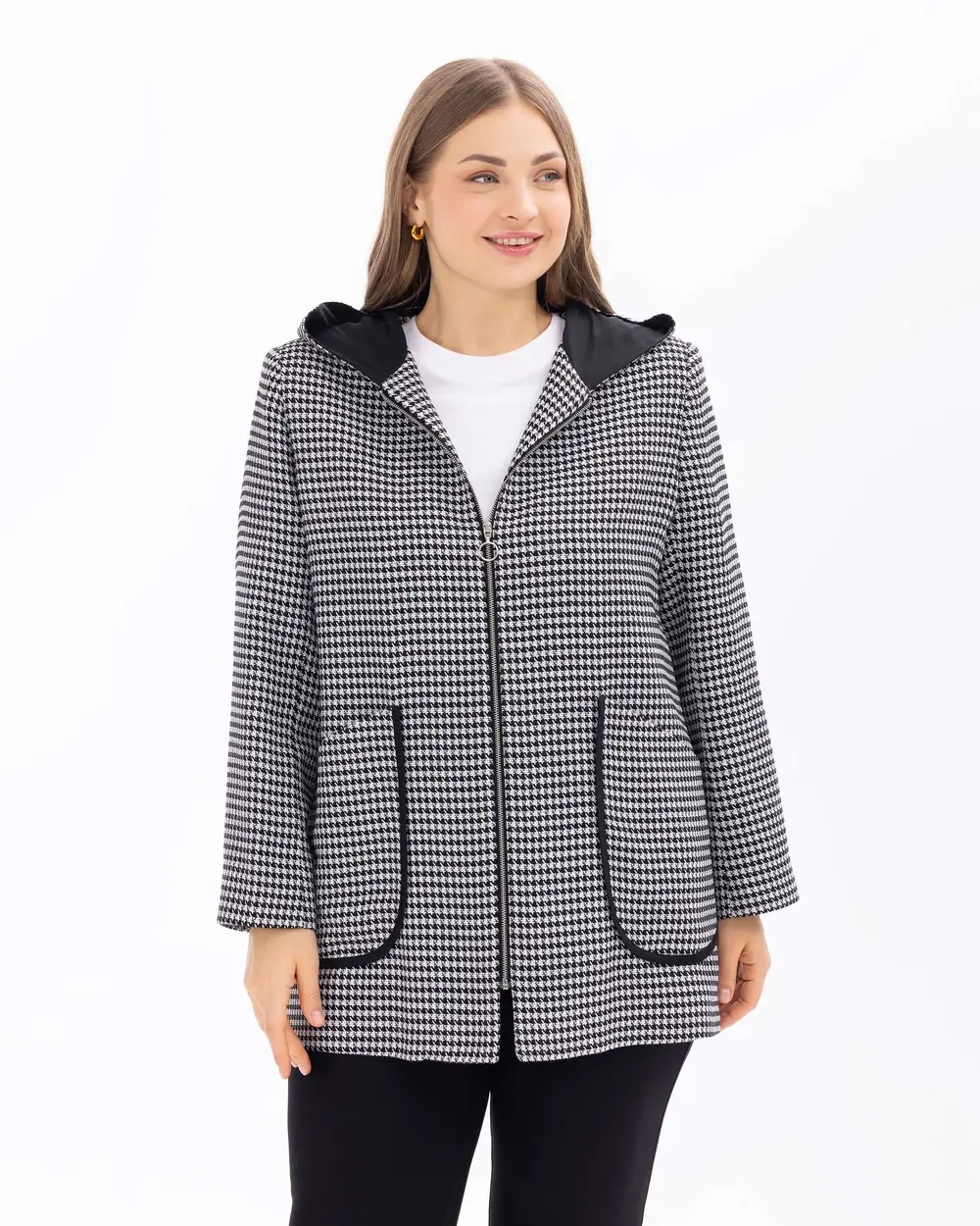 Plus Size Houndstooth Patterned Hooded Jacket