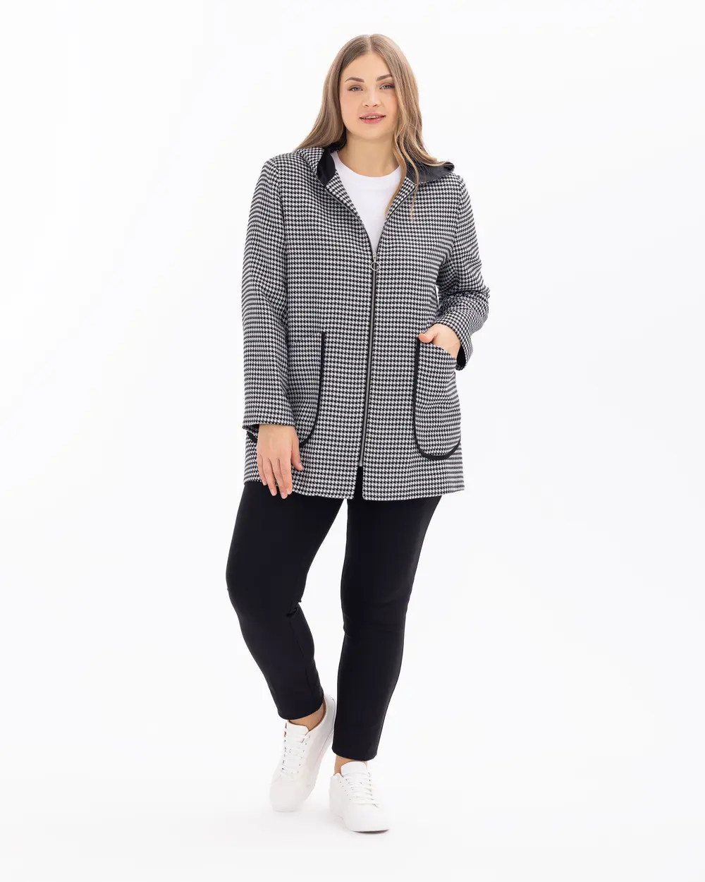 Plus Size Houndstooth Patterned Hooded Jacket