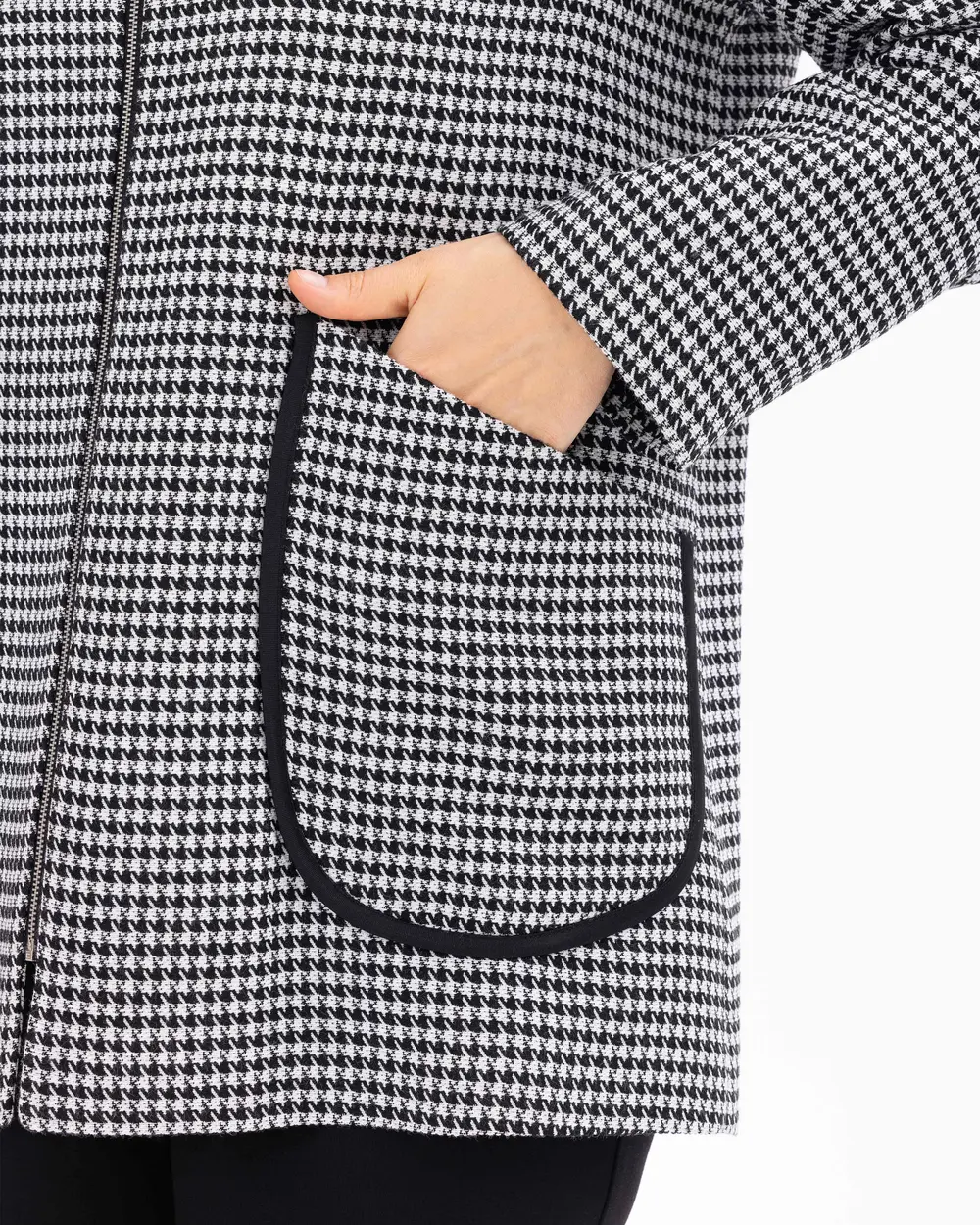 Plus Size Houndstooth Patterned Hooded Jacket