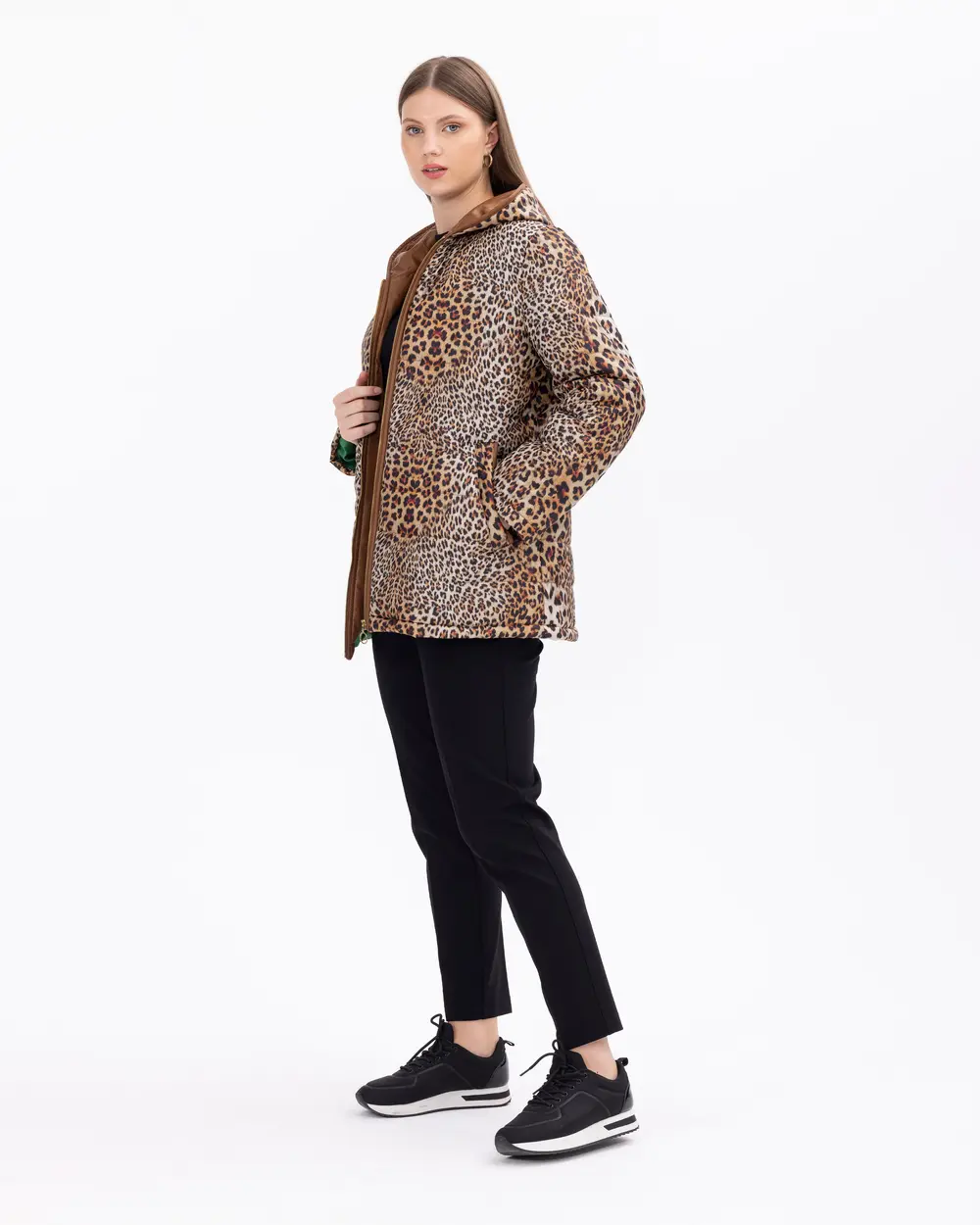 Plus Size Leopard Pattern Puffer Coat