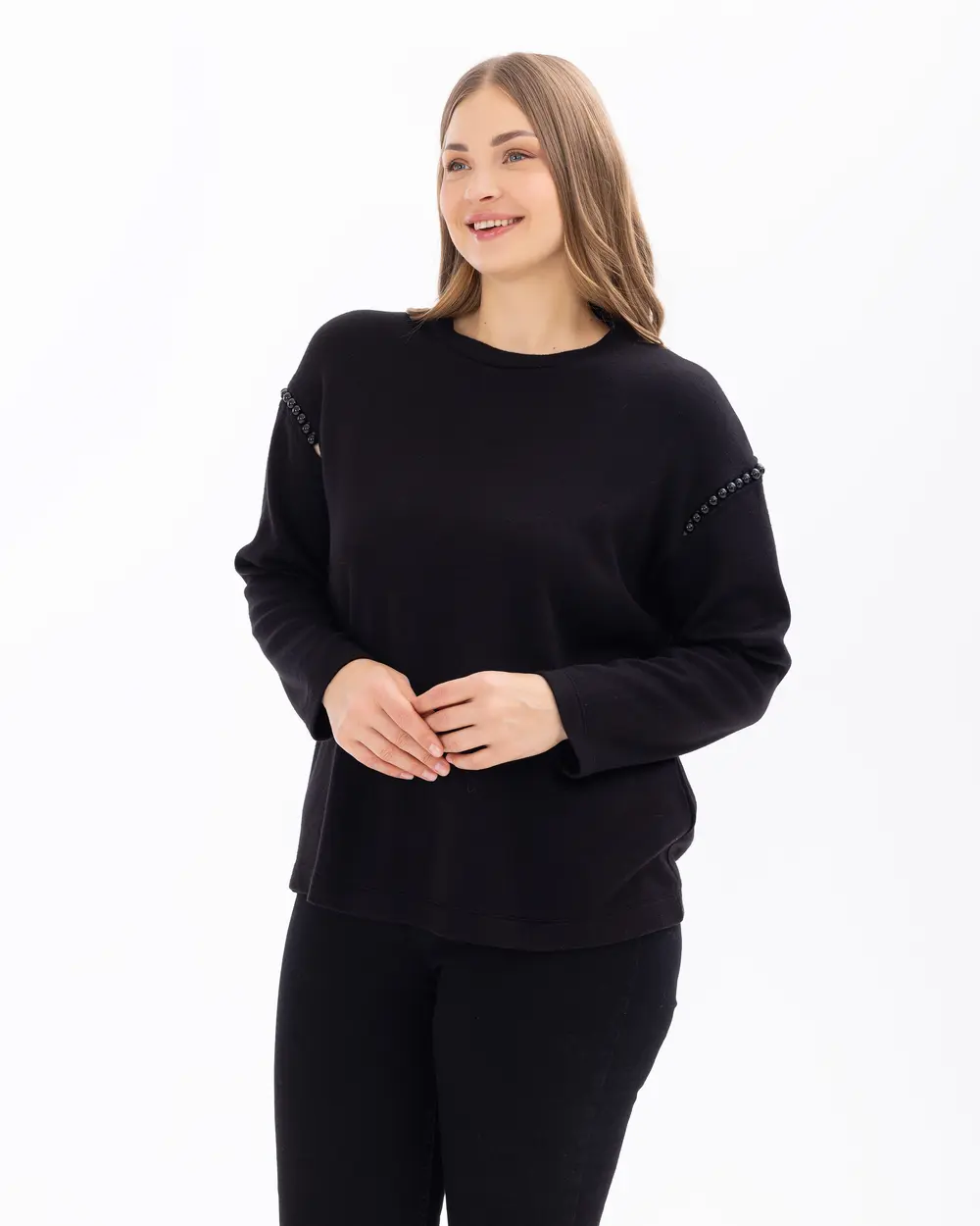 Plus Size Pearl Detailed Round Neck Blouse