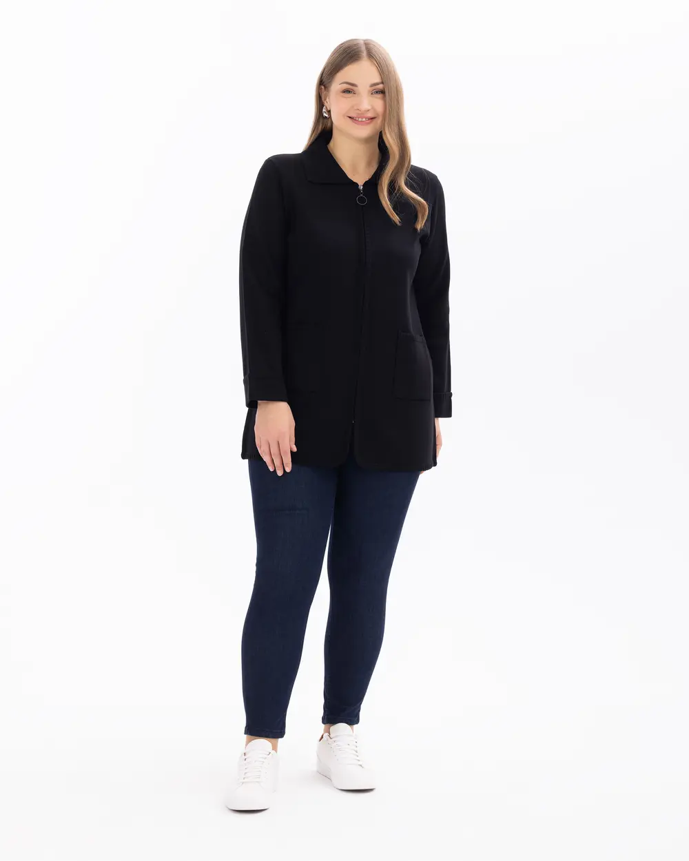 Plus Size Zippered Pocket Knitted Cardigan