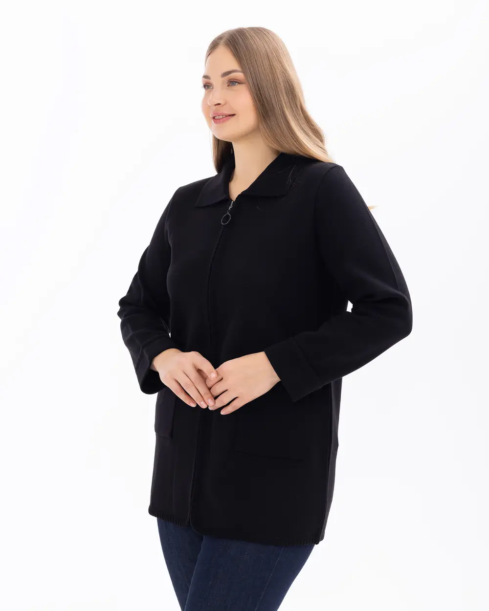 Plus Size Zippered Pocket Knitted Cardigan