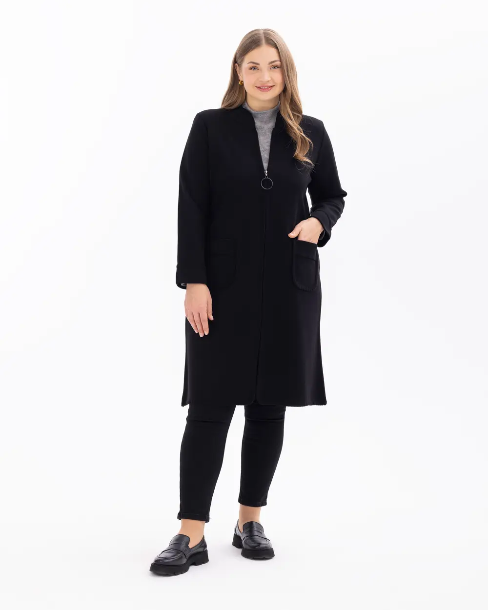 Plus Size Knee Length Knitted Cardigan with Zipper Pockets