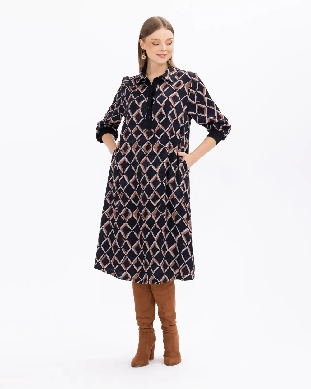 Plus Size Patterned Ribbed Pocket Dress