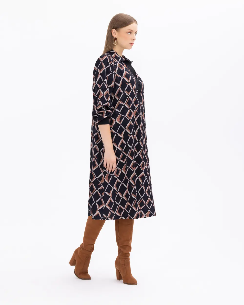 Plus Size Patterned Ribbed Pocket Dress