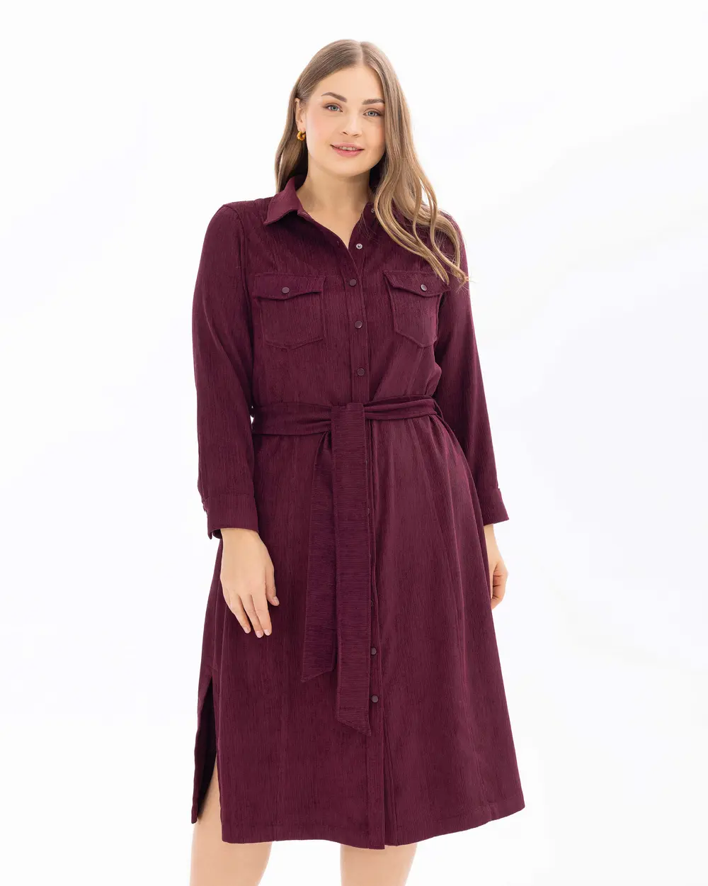 Büyük Beden Midi Boy Fitilli Kadife Elbise 