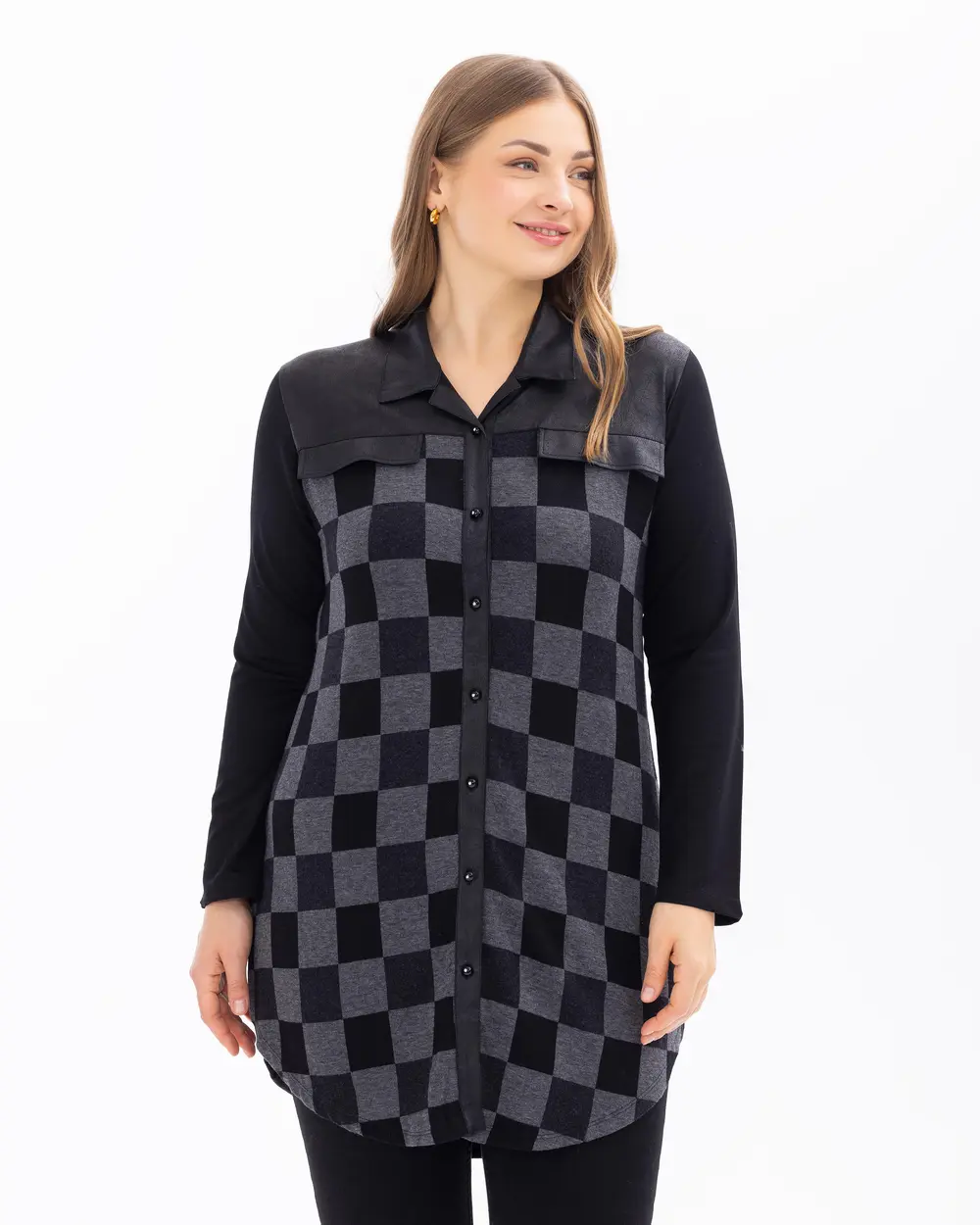 Plus Size Plaid Patterned Buttoned Tunic